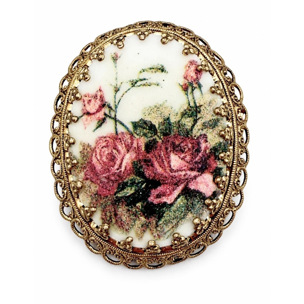 Vintage Victorian MCM Sugar Glass Frosted Pink Rose Floral Filigree Brooch